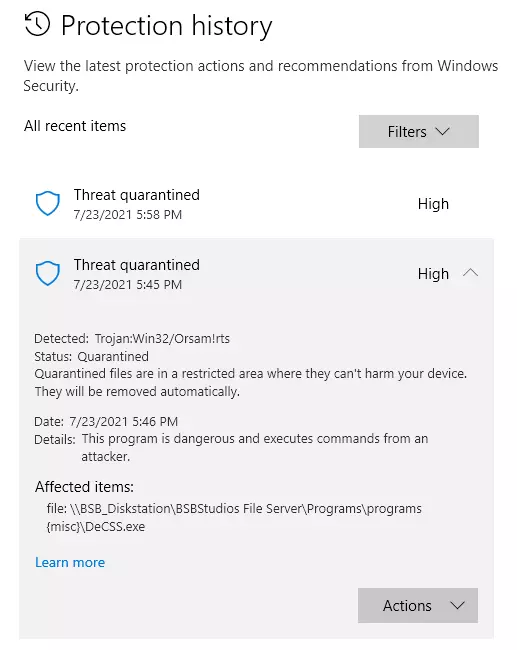Windows Defender DeCSS Quarantine on 07/23/2021 